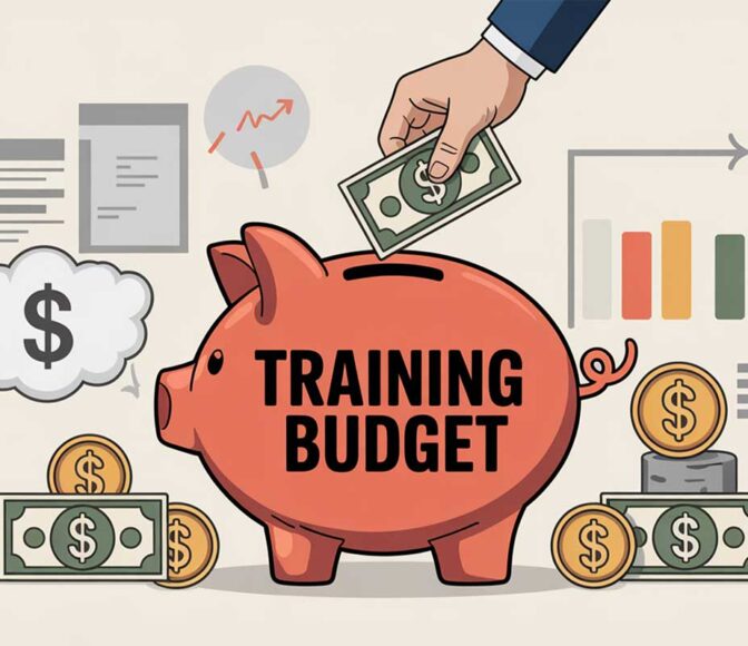 A piggy bank graphic with money being put into it. The piggy bank reads "training budget"