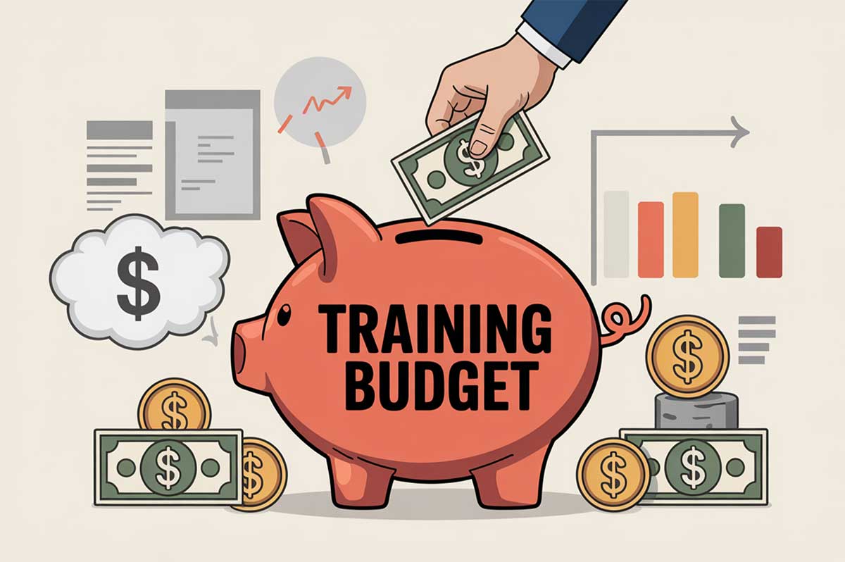A piggy bank graphic with money being put into it. The piggy bank reads "training budget"